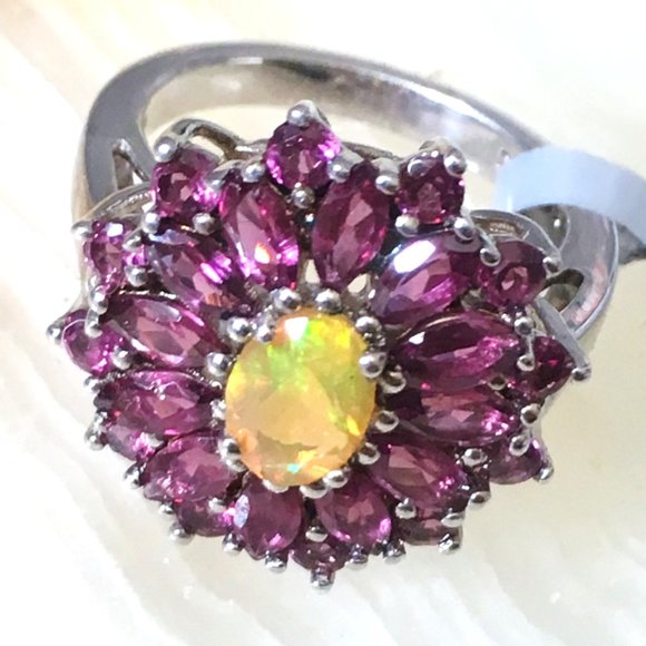 Genuine Opal & Garnet Halo Ring .925 Sterling Silver Natural Gemstones Sz 5 or 7 - Picture 14 of 16